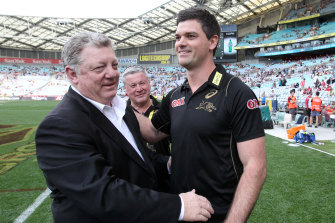Canterbury supremo Phil Gould (left) has publicly backed Barrett but former Panthers caretaker Cameron Ciraldo (right) will come into contention should the Bulldogs board see things differently.