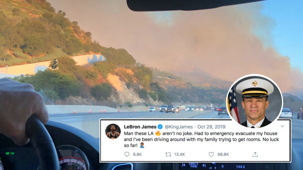Cameron Ciraldo and Ivan Cleary drive past the raging Los Angeles fires last October. Insert: LeBron James' tweet and LA County Fire Department chief Derek Alkonis.' tweet and LA County Fire Department chief Derek Alkonis.
