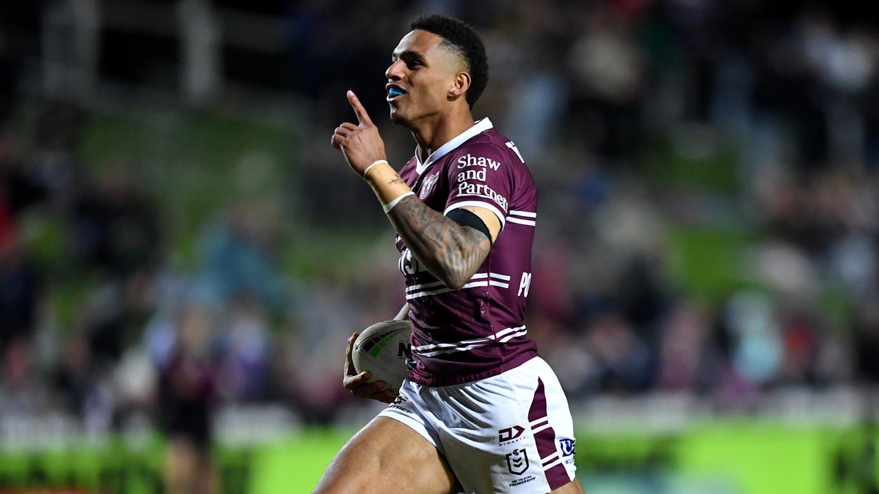 Manly winger Jason Saab has notched the equal-fastest speed this season. Picture: NRL Photos