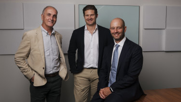 New Australian Cricketers Association CEO Todd Greenberg with president Shane Watson and chairman Greg Dyer on Monday.