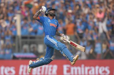 India's Virat Kohli celebrates his century in the World Cup semi-final against New Zealand at the Wankhede Stadium in Mumbai on Wednesday, November 15, 2023. AP