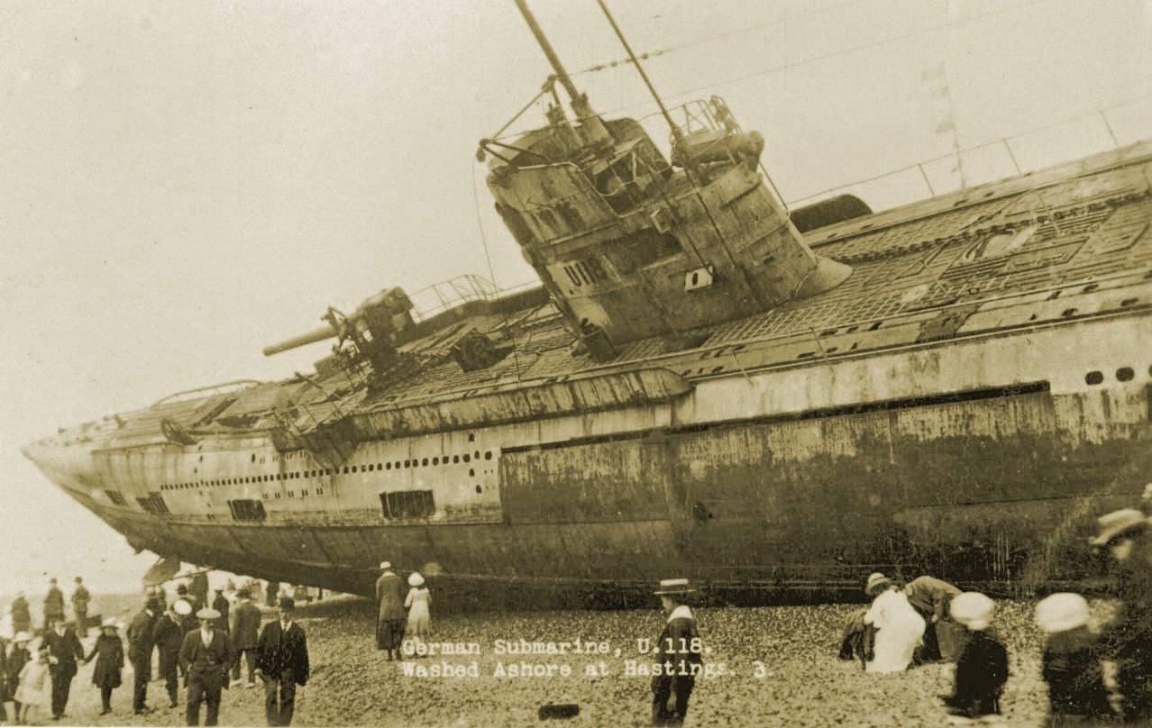 U118 submarine washed ashore on the beach at Hastings, England - 1919.jpg