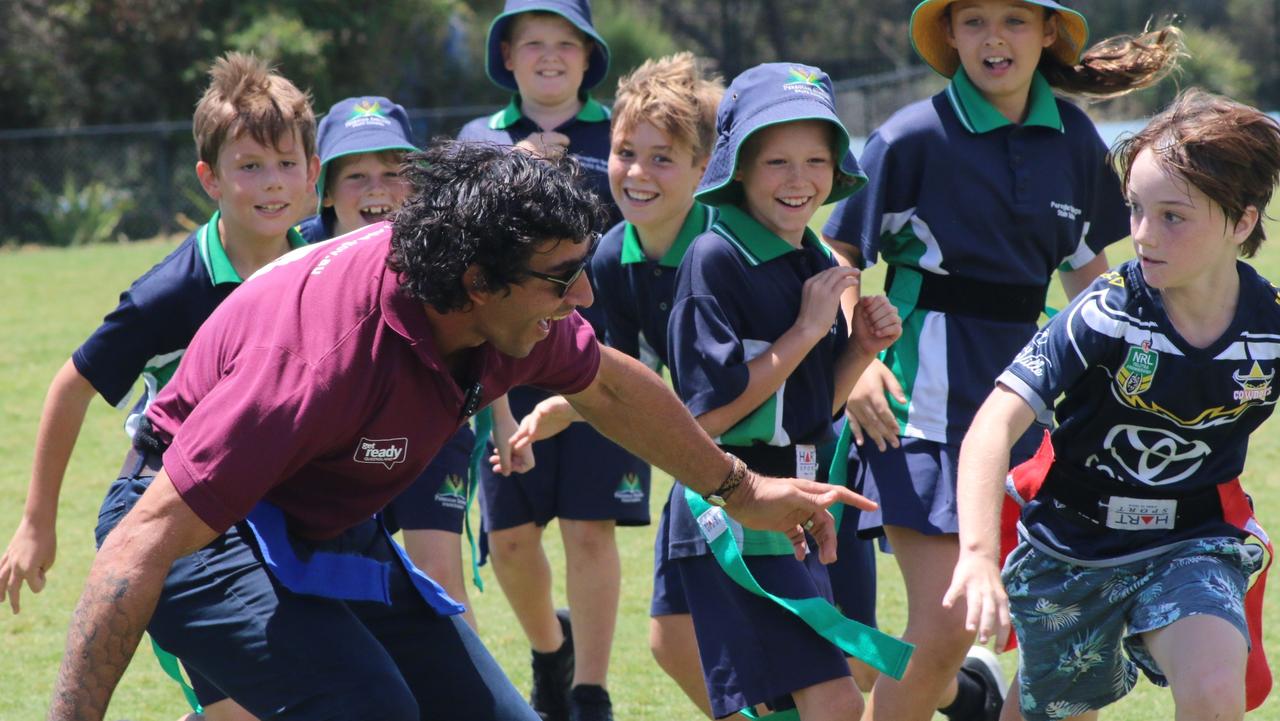 Thurston during a school visit to promote the game of rugby league. Picture: Tom Threadingham