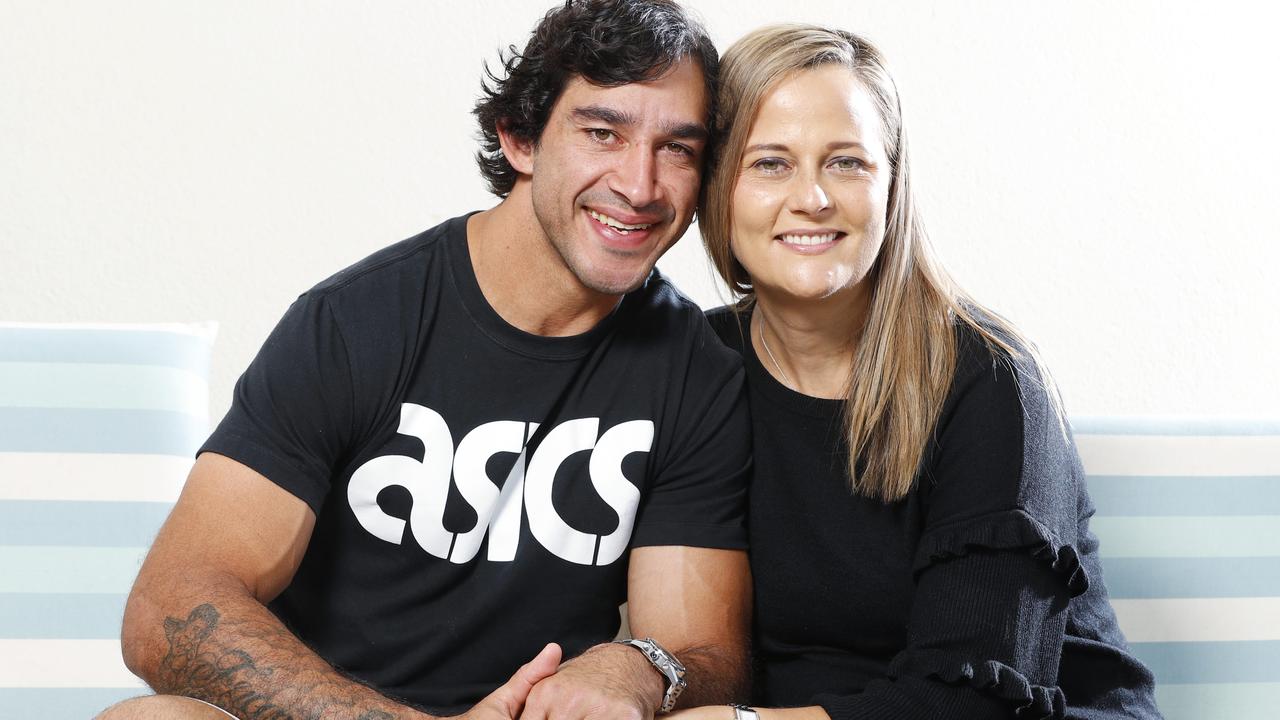 Thurston with wife Samantha before his last NRL game. Picture: Lachie Millard