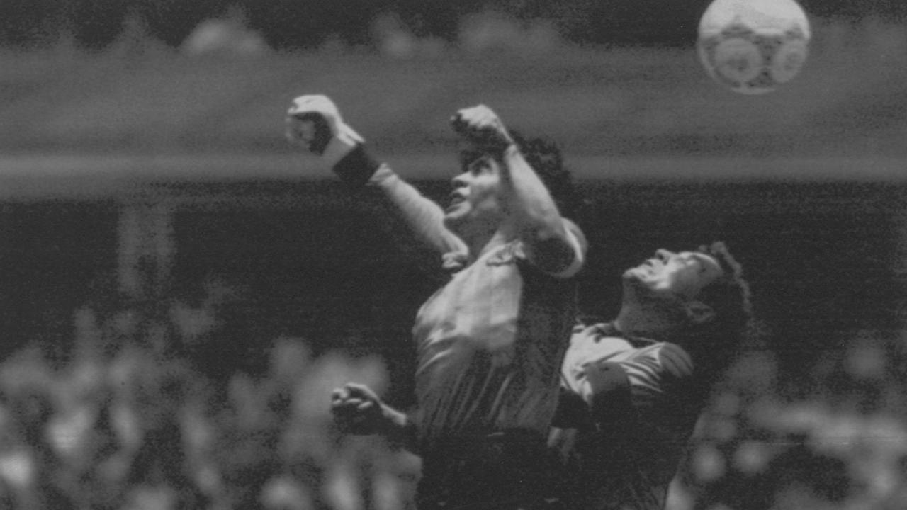 Diego Maradona scoring Hand of God goal with Peter Shilton. a/ct /Soccer/World/Cup