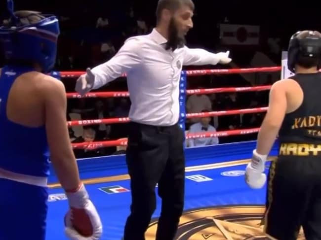 The referee oddly steps in and sends Kadyrov to his corner.