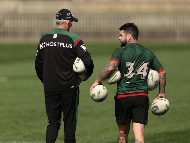 Wayne Bennett with Adam Reynolds during a South Sydney Rabbitohs training session at Redfern ahead of their match against Brisbane this week. Picture. Phil Hillyard