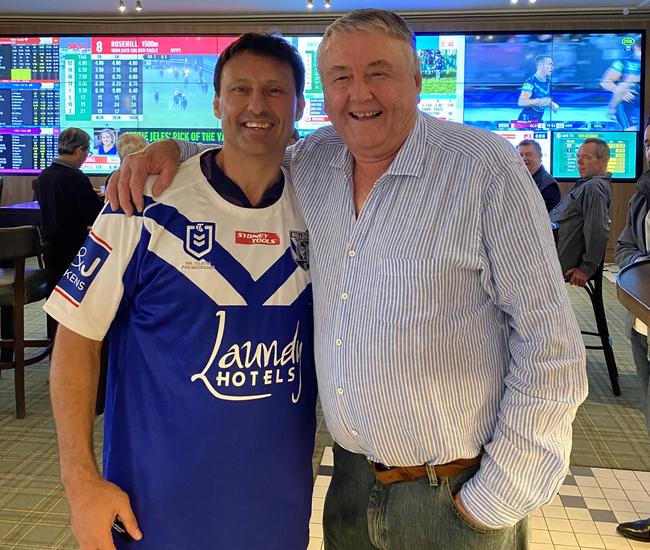 NRL great Laurie Daley and Canterbury Bulldogs sponsor Arthur Laundy.