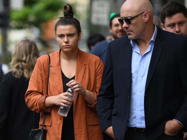 Montana Geyer arrives at court with father Mark Geyer on Thursday. Picture: NCA NewsWire/Joel Carrett