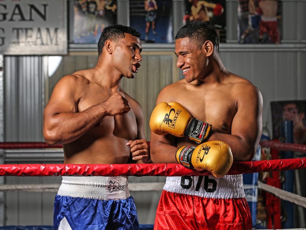 (L-R) NRL star and new Bulldogs recruit Tevita Pangai Jr alongside younger brother who has also signed with the Bulldogs, Jermaine Pangai Jr. Picture: Zak Simmonds