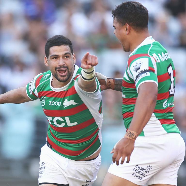 Cody Walker of the Rabbitohs celebrates scoring a try. Picture: Cameron Spencer/Getty Images