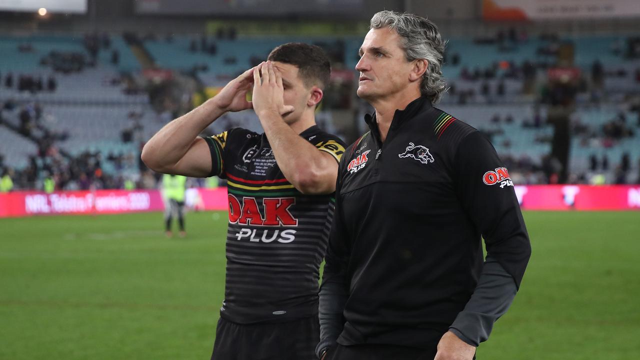 Ivan Cleary with son Nathan after last year’s grand final loss. Picture: Cameron Spencer/Getty