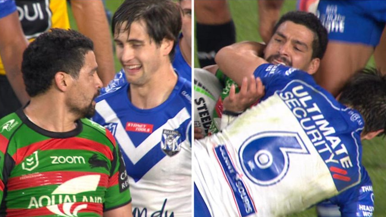 Cody Walker has words with Lachlan Lewis before they tussle.