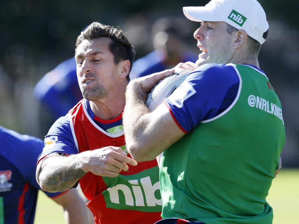 Mitchell Pearce and Lachlan Fitzgibbon at training. Picture: AAP/Darren Pateman