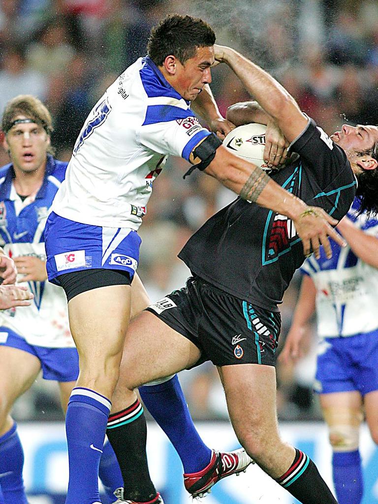 SBW and one his famous shoulder charges.
