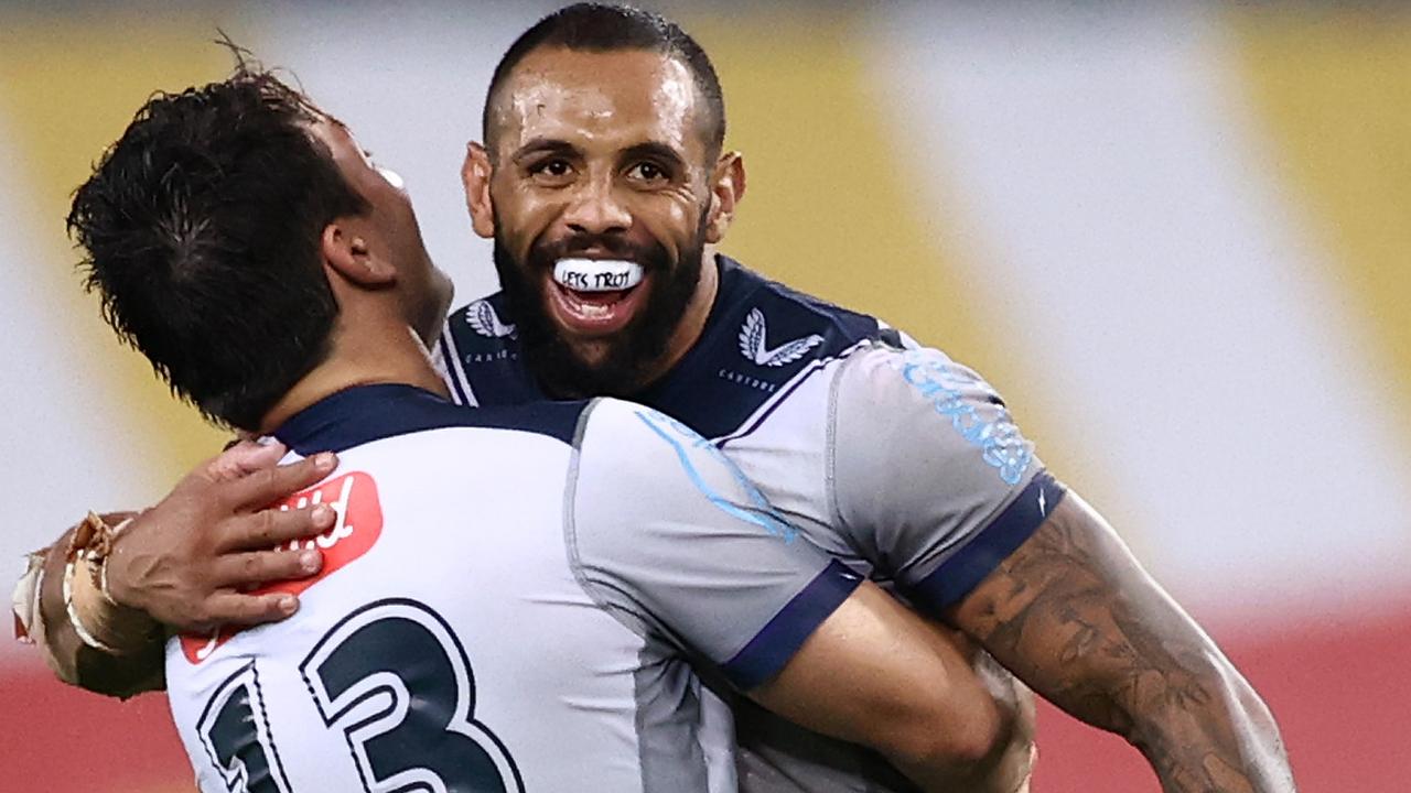 Brandon Smith and Josh Addo-Carr celebrate the Storm’s 50-0 win over South Sydney at Stadium Australia. Picture: Cameron Spencer/Getty Images