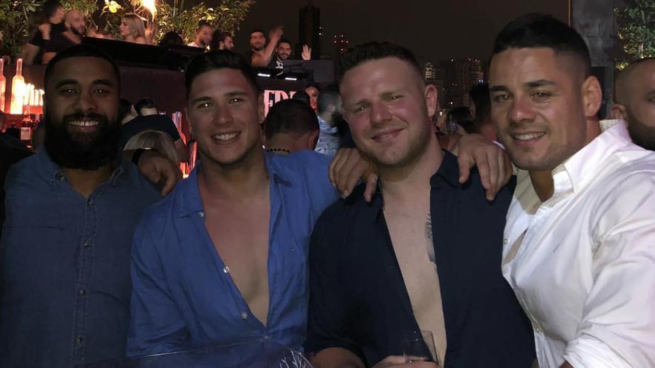 Jarryd Hayne (right) and Nathan Brown (second from right) were involved in an alleged incident outside a Parramatta pub.
