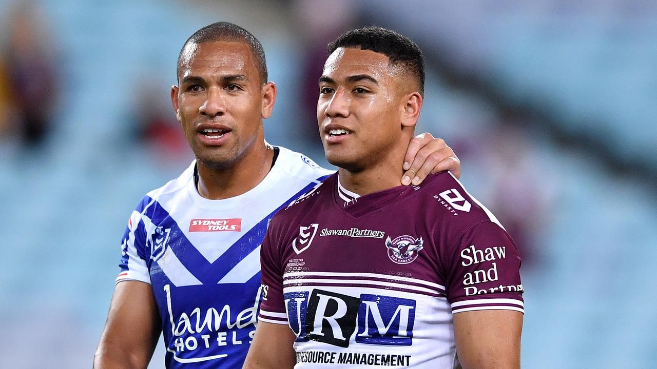 Albert Hopoate (right) comes up against brother Will (left) in Round 18 2020. Picture: NRL Photos.