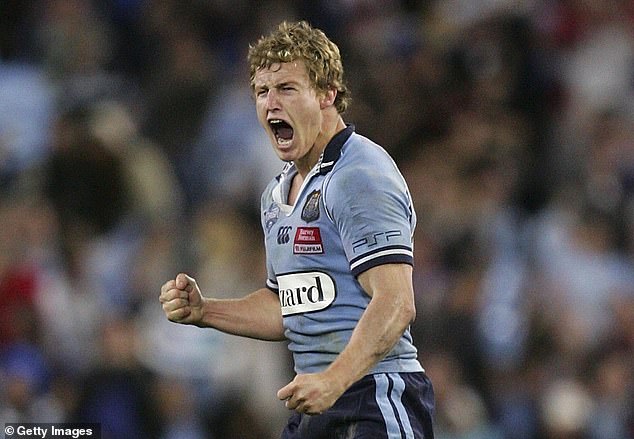 Finch celebrates kicking the match-winning and series-clinching field goal for New South Wales in the 2006 State of Origin series