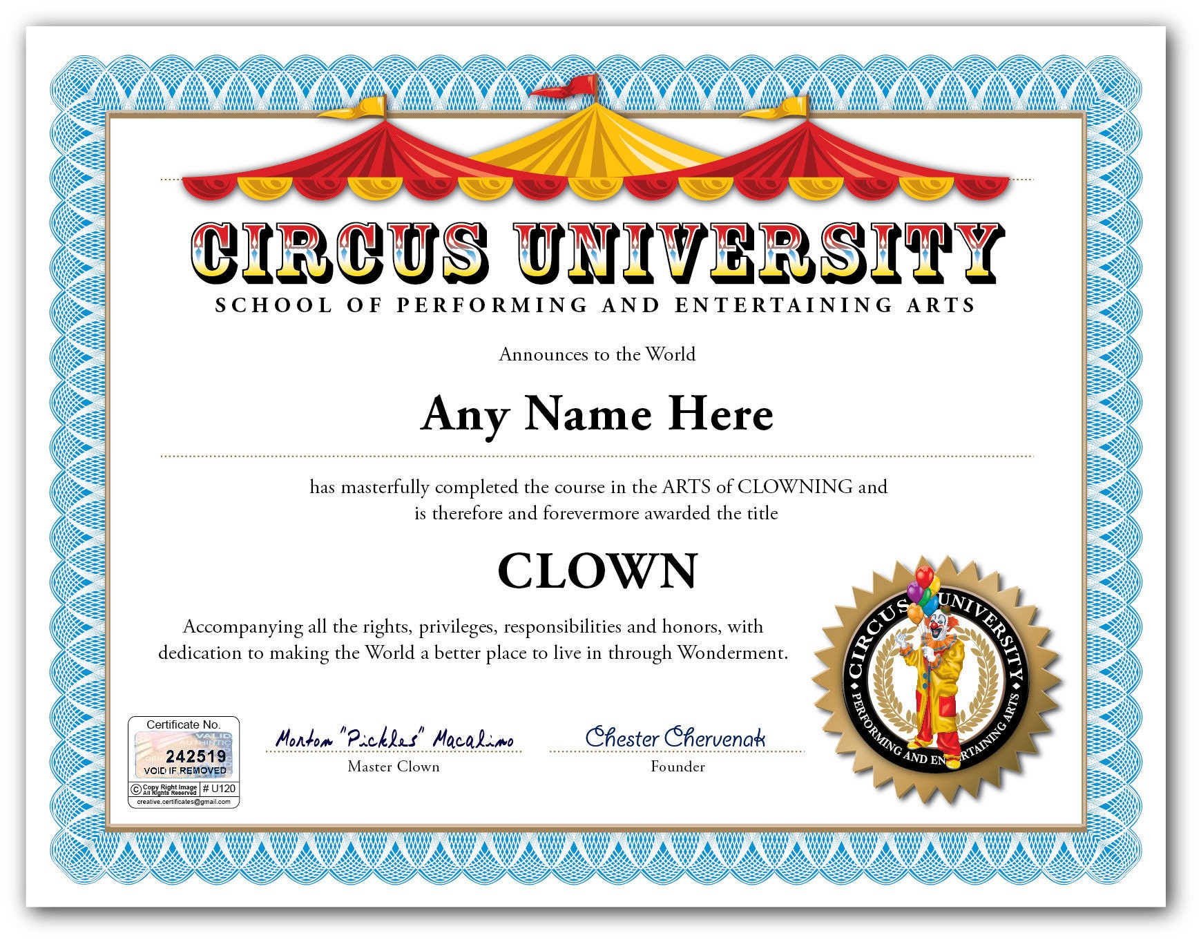 PERSONALIZED Circus University Certificate - DIGITAL or PRINTED - Clown  Magician School Magic Joke - Diploma Birthday Gift Christmas Present