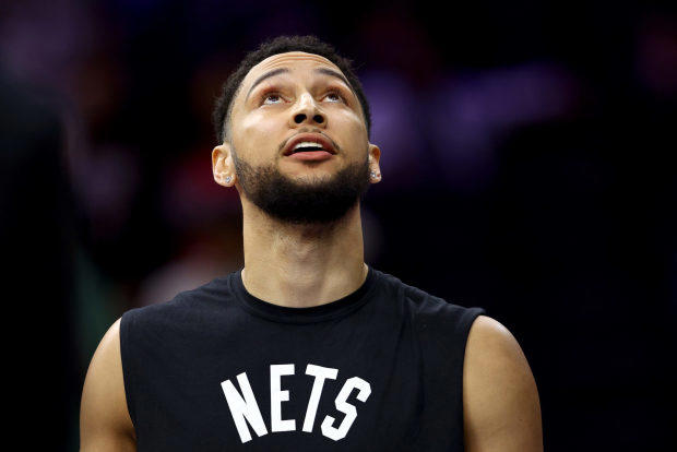 PHILADELPHIA, PENNSYLVANIA - MARCH 10: Ben Simmons #10 of the Brooklyn Nets warms up before the game against the Philadelphia 76ers at Wells Fargo Center on March 10, 2022 in Philadelphia, Pennsylvania. (Photo by Elsa/Getty Images)