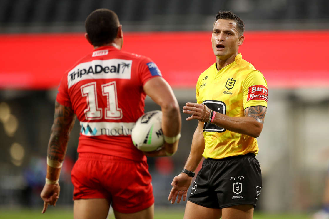 Referee Henry Perenara talks with Tyson Frizell of the Dragons during the round four NRL match between the Canterbury Bulldogs and the St George Illawarra Dragons at Bankwest Stadium on June 08, 2020 in Sydney, Australia.