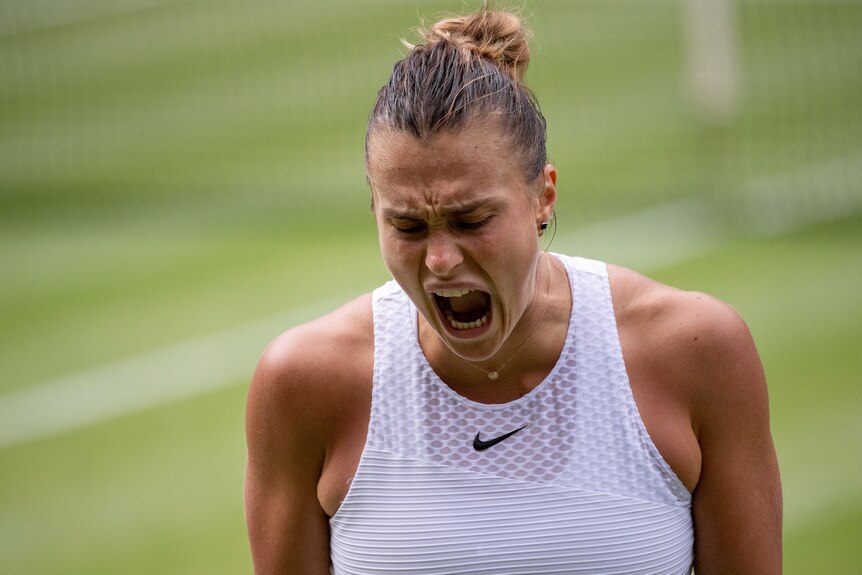 Aryna Sabalenka screams on Centre Court at Wimbledon.