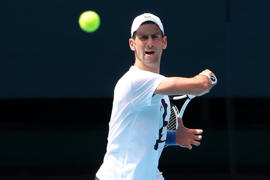Novak Djokovic hits a tennis ball wearing a white t-shirt and cap.