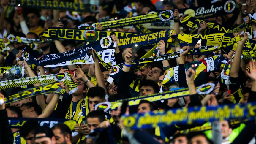 A tightly packed crowd of football fans wave yellow and navy blue banners in support of their team.
