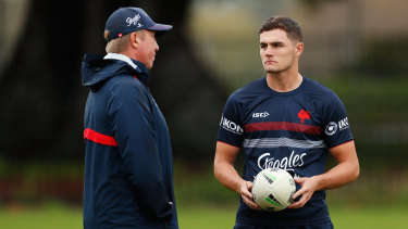 Kyle Flanagan and Roosters coach Trent Robinson chat at training early in the 2020 season before things turned sour.